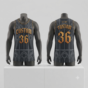 Maillot de basketball gothique personnalisé noir et or pour homme, sans manches, respirant, uniforme sportif, tenue d'équipe, design sublimé, vente en gros - Product Image 1