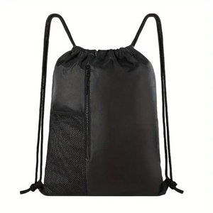 Green And Black <b>Drawstring</b> <b>Backpack</b> With Zipper Pocket Portable Polyester Sport Bag Outdoor Use Wholesale OEM Supplies - Product Image 3
