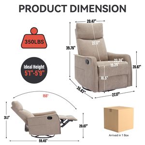 Khaki Manual <b>Recliner</b> Chair with Heat Massage Rocker and Swivel Features for Living Room Use - Product Image 2