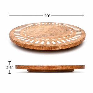 Round <b>Wood</b> Decorative Tray Geometric Pattern <b>Rustic</b> Design Handcrafted Lazy Susan Serving Plate For Home Kitchen <b>Table</b> Display - Product Image 3