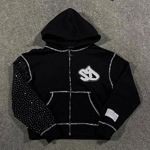 Sweat à capuche zippé pour homme en molleton bouclette, coupe régulière, grammage lourd, style streetwear, avec broderie personnalisée, strass et cristaux de luxe, 100% - Product Image 1