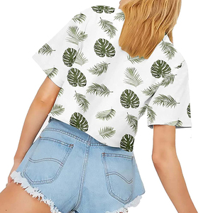 Women's <b>White</b> Tropical Leaf Print <b>Crop</b> <b>Top</b> Short Sleeve O-Neck Loose Fit Casual Summer T-Shirt 100% Cotton Jersey - Product Image 2