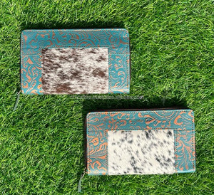 Nueva llegada de piel de vaca real de cuero tallado embrague funda de teléfono elegante color turquesa cuero occidental Venta caliente carteras de mujer - Product Image 2
