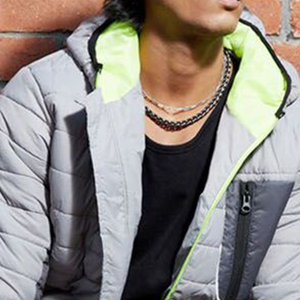 Men's Grey Hooded Puffer Jacket With Neon Green Zipper Windproof Casual Autumn Wear Slim Fit Polyester <b>Wadding</b> Regular Length - Product Image 3