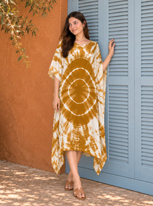 Boho Tie Dye V Neck Midi <b>Dress</b> Loose Asymmetric Cap <b>Sleeve</b> <b>Summer</b> Casual Woven <b>Dress</b> - Product Image 1
