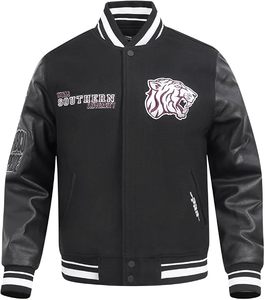Veste universitaire noire de l'Université du Texas Southern avec manches en cuir, logo de tigre brodé, bordure contrastée, vêtements de sport d'hiver pour adultes - Product Image 1