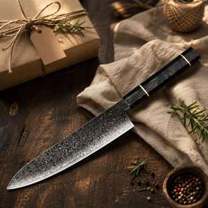 Cuchillo de Chef de Acero de Damasco de 8 Pulgadas con Punta Caída y Borde Biselado, Mango de Micarta, Cuchillo de Cocina - Product Image 1