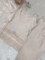 Set atasan dan dupatta wanita baru, bahan sutra Roman anti kusut, bordir reversibel, payet, dan detail Dori Jari, siap pakai (Farshi Shalwar)