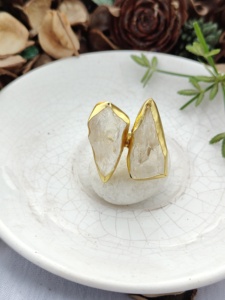 Anillo de Cóctel con Gema de Cuarzo Geométrico, Chapado en Oro, Estilo Bohemia, Piedra de Nacimiento de Abril, Unisex, para Uso Diario, Regalo de Compromiso, Fiesta - Product Image 1