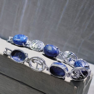 Joyería <span class=keywords><strong>de</strong></span> Moda Personalizada, Brazalete Chino Personalizado <span class=keywords><strong>de</strong></span> Plata <span class=keywords><strong>de</strong></span> Ley 925 con Lapislázuli Azul Ovalado, Grabado, Ajustable, con Piedras Preciosas, para Regalo - Product Image 4