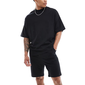 New Arrived 2026 Midweight 340 GSM 100% Cotton Plus Size Solid 2 Pcs T-shirt & Short <b>Set</b> Wholesale Streetwear Jogging Suit Men - Product Image 3