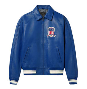 Veste en cuir véritable bleue pour homme, col rabattu, fermeture éclair, décontractée, hiver, imperméable, respirante, écologique, coupe-vent - Product Image 2