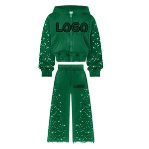 Ensemble survêtement homme avec sweat à capuche et pantalon orné de strass, logo personnalisé, confortable, respirant, streetwear, vente en gros - Product Image 2