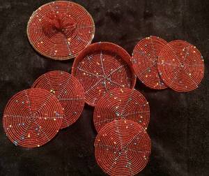 Red Beaded Coasters with Holder Eco-Friendly Customizable Polyester/Cotton Set of 6 Festive Tableware - Product Image 2