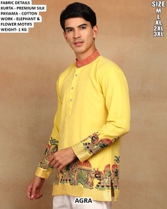 Men's White Premium <b>Silk</b> <b>Kurta</b> With Elephant And Flower Motifs Regular Fit Traditional Indian Pakistani Style Agra Design - Product Image 4