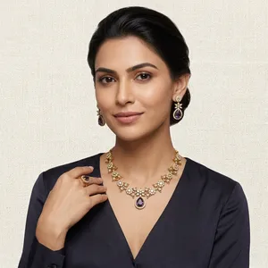 Conjunto de collar de latón con amatista y mehndi, con pendientes y anillo, joyería llamativa con diseño de gota de agua para mujer, ideal para fiestas. - Product Image 1