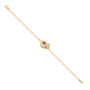 Floral Swirl Diamond <b>Bracelet</b> with Yellow Gold Chain and <b>Red</b> Stone Center Accent Design - Product Image 3