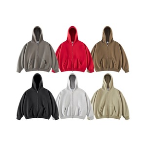 เสื้อฮู้ดซิปโอเวอร์ไซส์ สีแดงล้วน ผ้าฝ้ายฟลีซ สวมใส่สบายๆ สำหรับฤดูใบไม้ร่วง ทรงปกติ แขนยาว มีกระเป๋า - Product Image 2