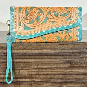 Cartera de mano de cuero genuino turquesa hecha a mano con patrón floral nuevo para mujer, tarjetero y monedero largo para compras - Product Image 4