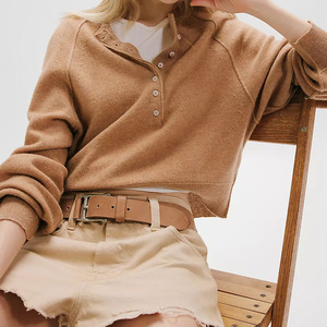 Hot Sale Women's Brown Cashmere Crop Pullover Button Up Collar Full Sleeve Knitted Sweater Autumn Women Hand Knit Henley Sweater - Product Image 4