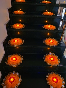 Wholesale Symmetrical Stairway Step Paidi Rangoli Mats Fluffy Marigold Genda Flower <b>Wreath</b> Scalloped Gota Mirror Diya Plates Set - Product Image 2