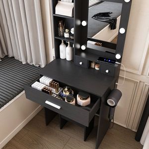 Compact Adjustable LED <b>Light</b> Vanity Table with Power Outlet and Hairdryer Holder Stool for Small <b>Spaces</b>-Makeup Vanities - Product Image 3