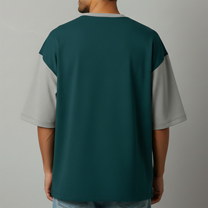 เสื้อยืดแขนสั้นทรงโอเวอร์ไซส์สำหรับผู้ชาย คอโอ แต่งขอบตัดกัน สีพื้น ทรงลำลอง ใส่สบาย เป็นมิตรกับสิ่งแวดล้อม ผลิตจากผ้าฝ้าย 100% - Product Image 2