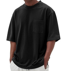 Camiseta lisa negra para hombre, estilo hip hop, holgada, transpirable, para gimnasio, estilo urbano, con bolsillo en el pecho. - Product Image 6