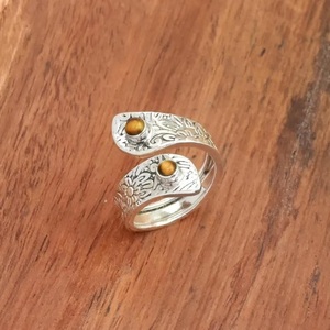 Handmade <b>Tiger</b> <b>Eye</b> Adjustable <b>Ring</b> 925 Sterling Silver Boho Flower Engraved Jewelry for Women - Product Image 5
