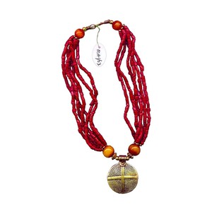 Layered Red Beaded Necklace with Round Gold Tone Pendant, Chunky Boho Ethnic Beaded Statement Jewelry for Women - Product Image 5