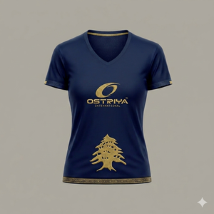 Ostriya International Women's V-Neck T-<b>Shirt</b> Blue <b>Gold</b> Logo Embroidered Slim Fit Casual Short Sleeve Polyester Knitted T <b>Shirt</b> - Product Image 1