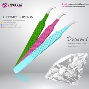 Pince à épiler japonaise en acier inoxydable avec poignée diamantée, pointe verte avec pointe pointue en fibre, emballage inclus - Product Image 3