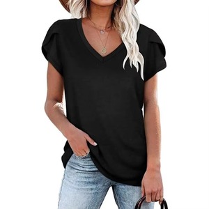 T-shirts respirants et légers pour femmes, col en V, manches courtes, coupe décontractée, en coton, pour l'été, personnalisables, hauts de sport vierges - Product Image 1