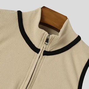 Débardeur sans manches en tricot côtelé beige pour homme avec col rond et fermeture éclair, décontracté, respirant, en polyester - Product Image 3
