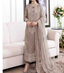 High Quality Women Traditional chiffon 3 Piece Shalwar Kameez Set with <b>Shawl</b> for <b>Wedding</b> & Party Embroidery - Product Image 4
