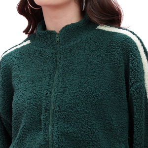 Women's Green Fleece Jacket With White Stripes Stand Collar Zipper Full Sleeve Winter Warm <b>Coat</b> - Product Image 3