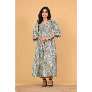 Robe longue maxi bohème florale 100% coton écologique pour femmes, robe de fête d'été faite à la main en Inde - Product Image 1