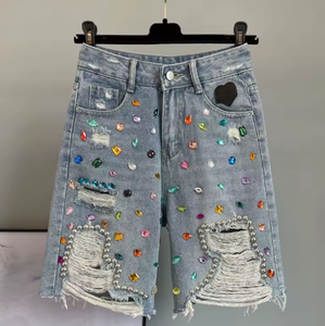 Shorts de mezclilla desgastados con pedrería para mujer, estilo casual de verano, tipo Bermuda, de cintura media, ajuste holgado, de algodón lavado - Product Image 6