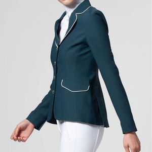 Chaqueta de equitación para mujer, verde oscuro, poliéster y algodón, para salto ecuestre, con ribete blanco, vista trasera, logotipo personalizado - Product Image 2