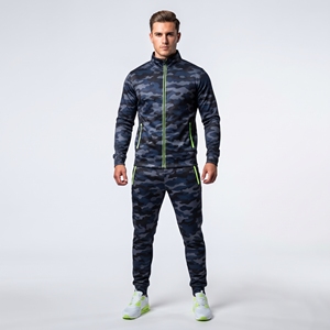 <b>Men</b>’s Navy <b>Camo</b> Tracksuit Set Full Zip Athletic Jacket & Jogger <b>Pants</b> with Neon Green Piping - Product Image 1