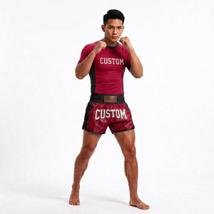 ชุดกางเกงมวยไทยแบบกำหนดเองพร้อมเสื้อรัดกล้ามเนื้อ ลายพิมพ์แบบรีดร้อน โพลีเอสเตอร์ 100% ยืดหยุ่น ระบายอากาศ แห้งเร็ว สำหรับ MMA มวยไทย คิกบ็อกซิ่ง - Product Image 2