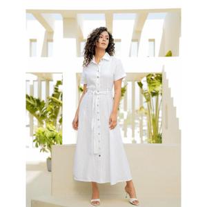 Vestido Largo Bohemio de Lino y Algodón Blanco para Mujer, Cuello Camisero, Botones al Frente, Cintura Ajustada con Cinturón, Estilo Fluido - Product Image 1
