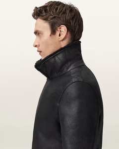 Chaqueta de Cuero Genuino para Hombre, Estilo Motero, con Cuello Alto, Cierre de Cremallera, Impermeable, Forro de Piel Sintética y Logotipo, Corte Regular para Invierno - Product Image 2