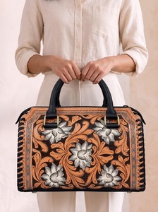 Custom Genuine Leather Weekender Handbag Embossed Floral Tote Duffel <b>Bag</b> Zipper Closure Travel <b>Overnight</b> Purse - Product Image 5