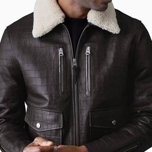 leather <b>jacket</b> featuring a croc-embossed finish and a removable <b>shearling</b> collar - Product Image 4