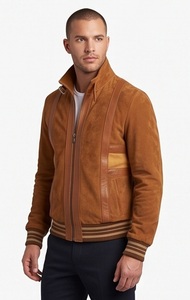 Wholesale <b>Men</b> <b>Suede</b> Bomber <b>Jacket</b> Vintage Cognac Custom Slim Fit Leather Trim Ribbed Eco-Friendly Windproof Outerwear Factory - Product Image 2