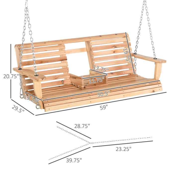 3-Seater Wooden Patio Swing Bench with Folding Table & Cup Holders Natural 440lbs for Porch or Outdoor Space