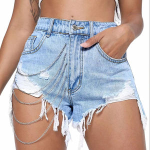 Denim Short High Waist Blue Women's <b>Jean</b> Shorts with <b>Chains</b> Skinny Fit <b>Jeans</b> XL Size Sexy Summer Short <b>Jeans</b> Ripped Frayed Hem - Product Image 6
