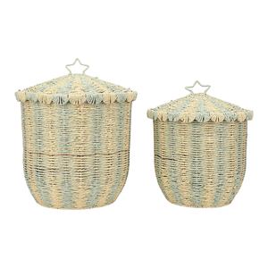 Green Yellow Cute Eco-Friendly Paper Rope Woven Storage <b>Basket</b> with Lid <b>for</b> Laundry Toy Home Storage (<b>Flower</b> Shape) - Product Image 1