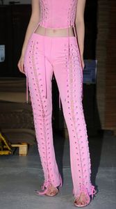 <b>pink</b> Gothic Straight Skinny Pants High Waist <b>Lace</b>-Up Hollow Out Full Length Genuine Leather Winter Formal Women's Trousers - Product Image 3
